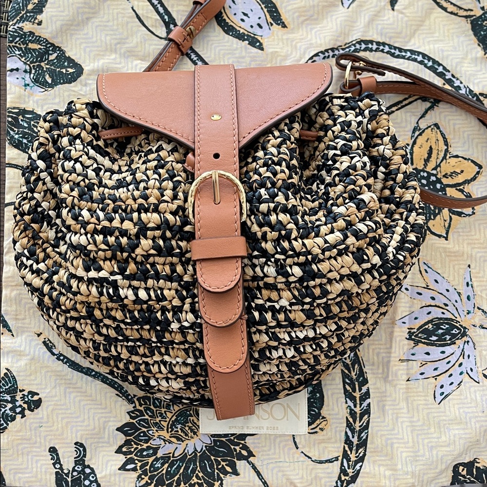 ULLA JOHNSON Paloma Ruched Straw Crossbody Bag Noir Melange